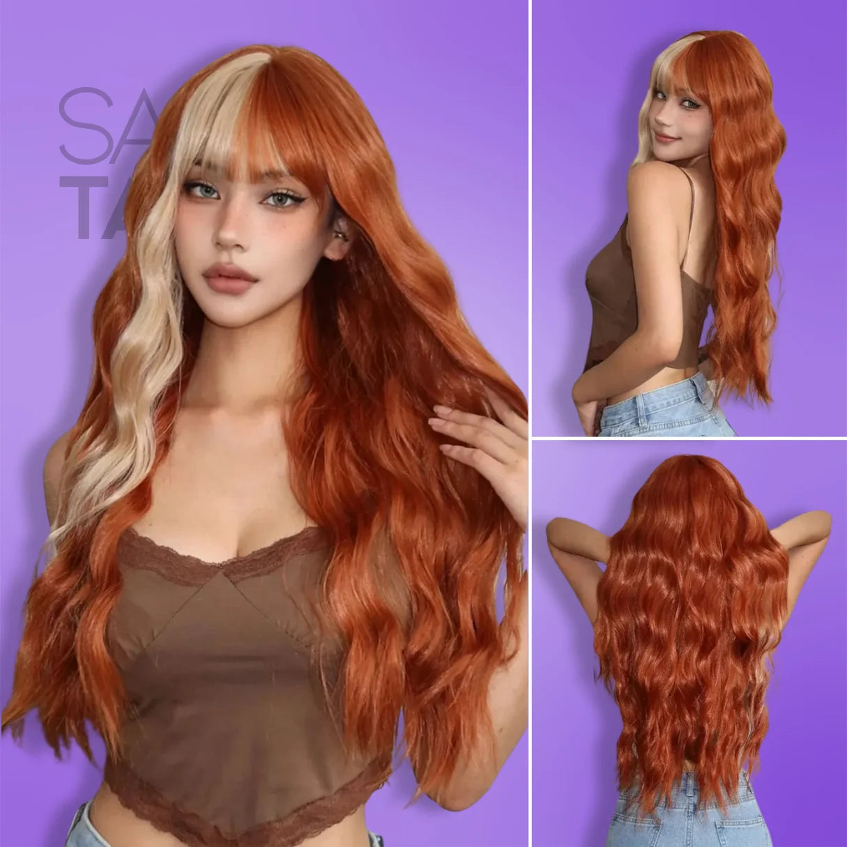 Long Wavy Wig with Bangs - Cosplay &amp; Everyday Fun - glueless wigs -  blonde wig - bang wig - grey &amp; umbre