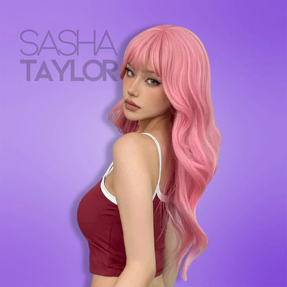 Long Wavy Wig with Bangs - Cosplay &amp; Everyday Fun - glueless wigs -  blonde wig - bang wig - pink from the side