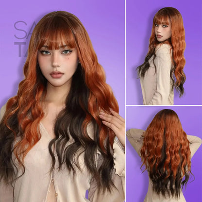 Long Wavy Wig with Bangs - Cosplay &amp; Everyday Fun - glueless wigs -  blonde wig - bang wig - black &amp; umbre