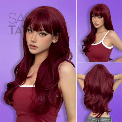 Long Wavy Wig with Bangs - Cosplay &amp; Everyday Fun - glueless wigs -  blonde wig - bang wig - red