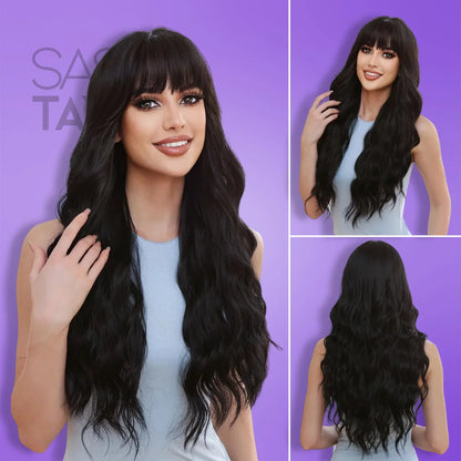 Long Wavy Wig with Bangs - Cosplay &amp; Everyday Fun - glueless wigs -  blonde wig - bang wig - black