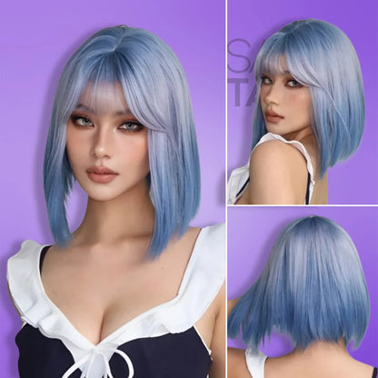 blue Short Synthetic Bob Wig with Bangs - Daily Wear &amp; Cosplay