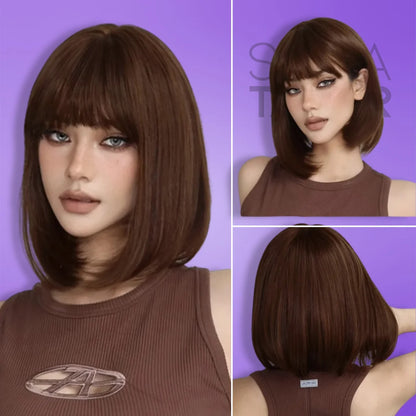 brown Short Synthetic Bob Wig with Bangs - Daily Wear &amp; Cosplay