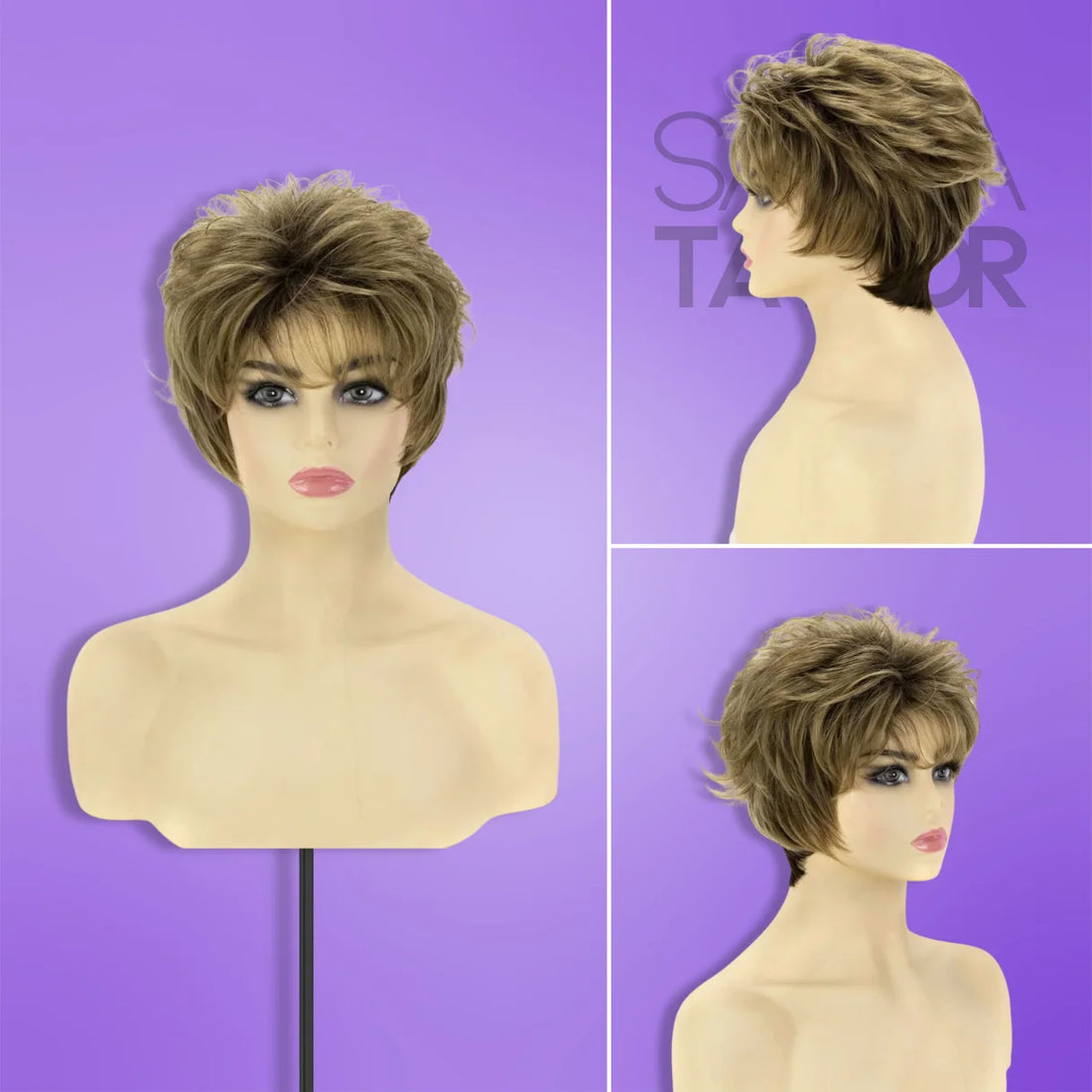 A mannequin wearing light brown Short Synthetic Wig with Bangs