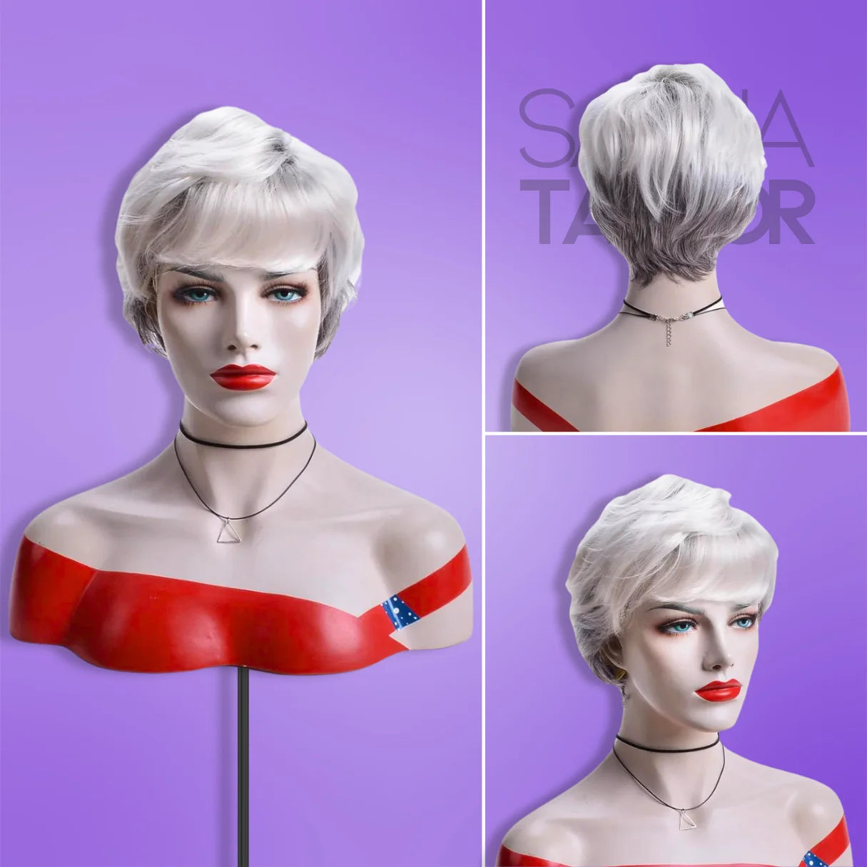 A mannequin wearing white Synthetic Wig with Bangs