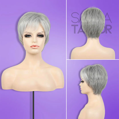 A mannequin wearing light blonde white Synthetic Wig with Bangs